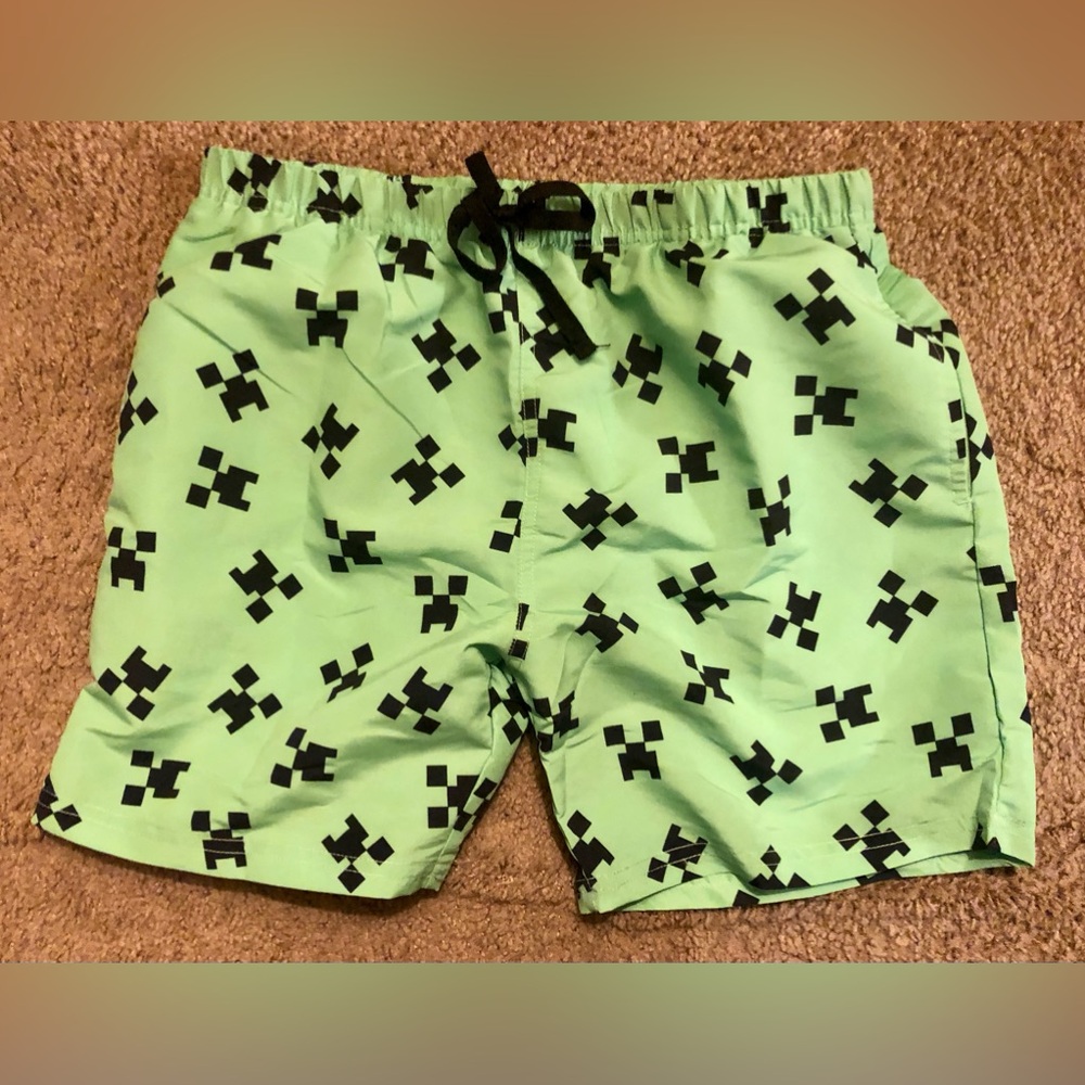 Minecraft Creeper Boy’s Swim Trunks Green & Black Swim Shorts Size 13/14